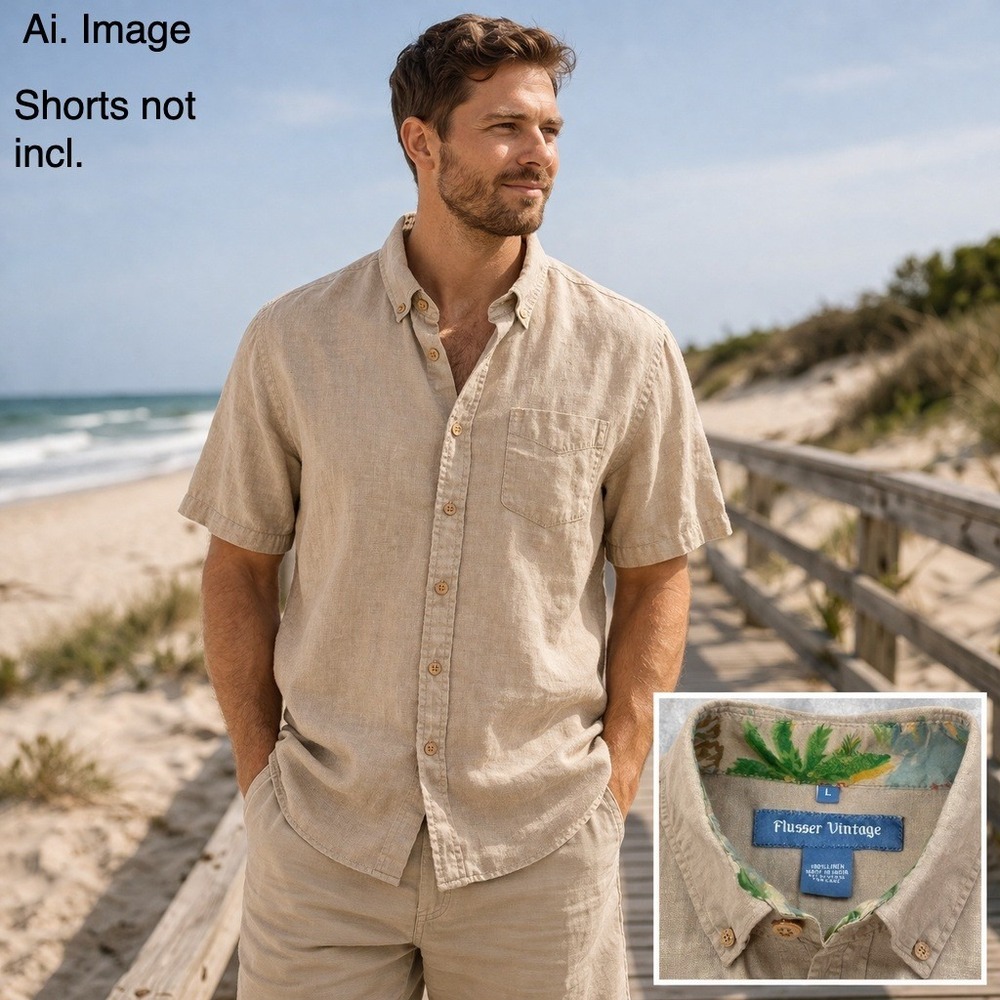 Flusser Vintage Linen Shirt Mens L Beige Short Sleeve Tropical Casual Minimalist
